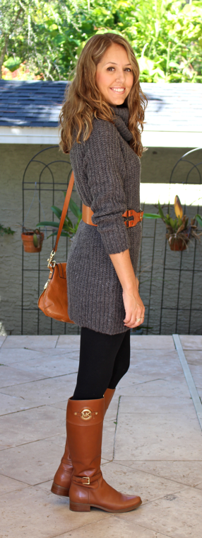 Blue grey turtleneck sweater dress outfit